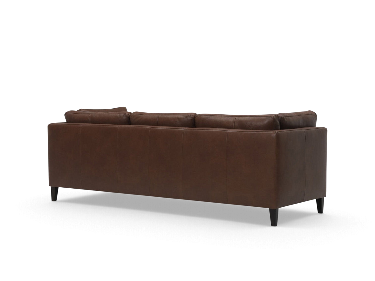 urbane EQ3 Salema 92 inch sofa in brown leather with a modern minimalist design and dark tapered legs