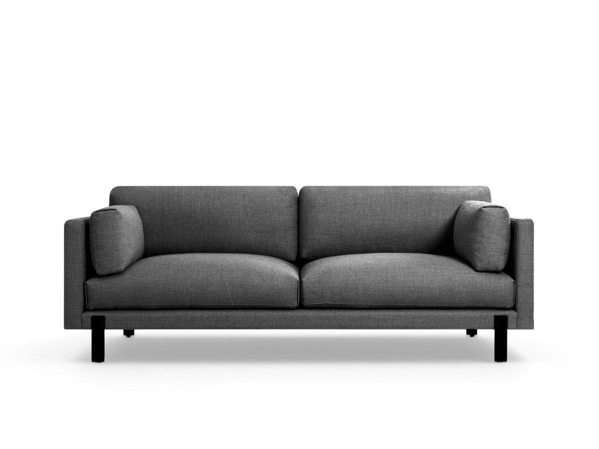 urbane EQ3 Silverlake sofa in grey fabric with a tuxedo frame and black steel legs on a white background