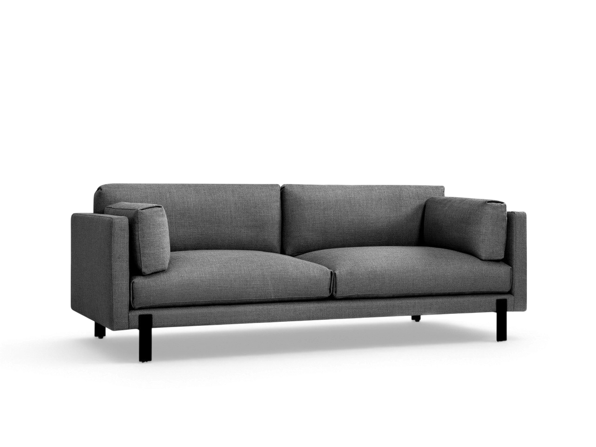 urbane EQ3 Silverlake sofa in dark grey fabric with a tuxedo frame and black powder-coated steel legs