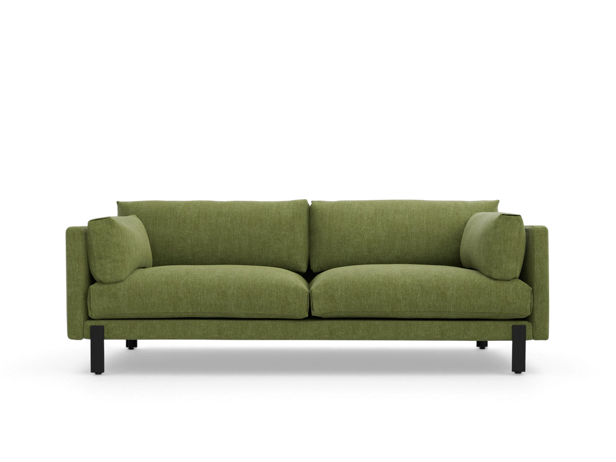 urbane EQ3 Silverlake sofa in olive green fabric with a tuxedo frame and black powder-coated steel legs