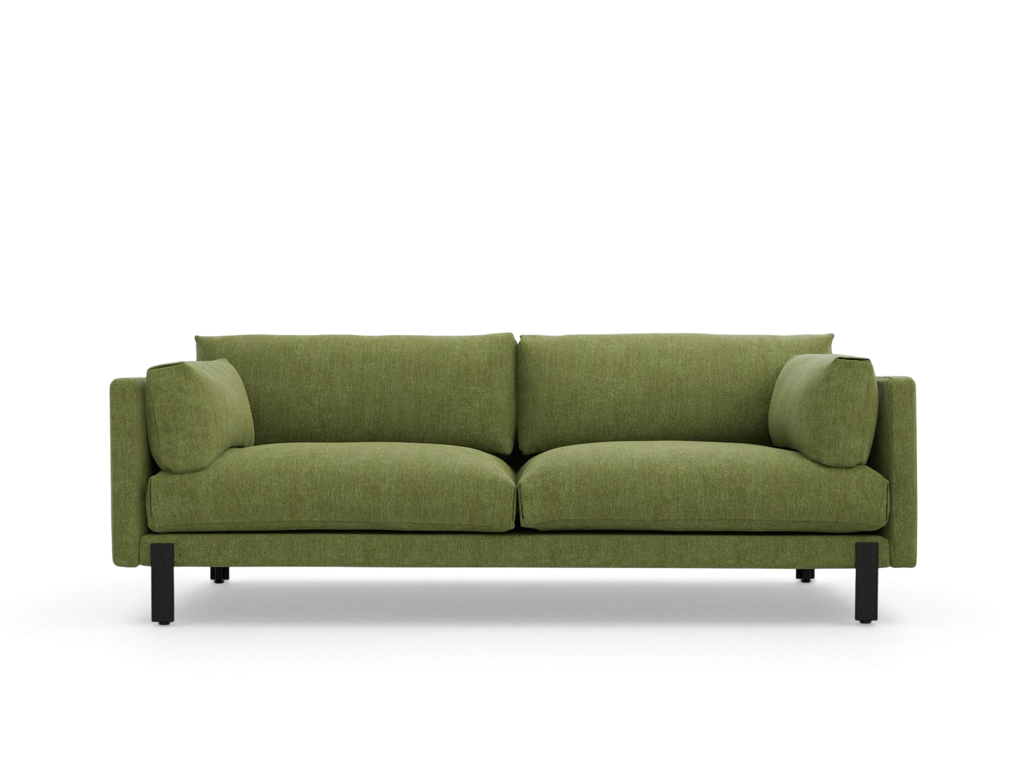 urbane EQ3 Silverlake sofa in olive green fabric with a tuxedo frame and black powder-coated steel legs