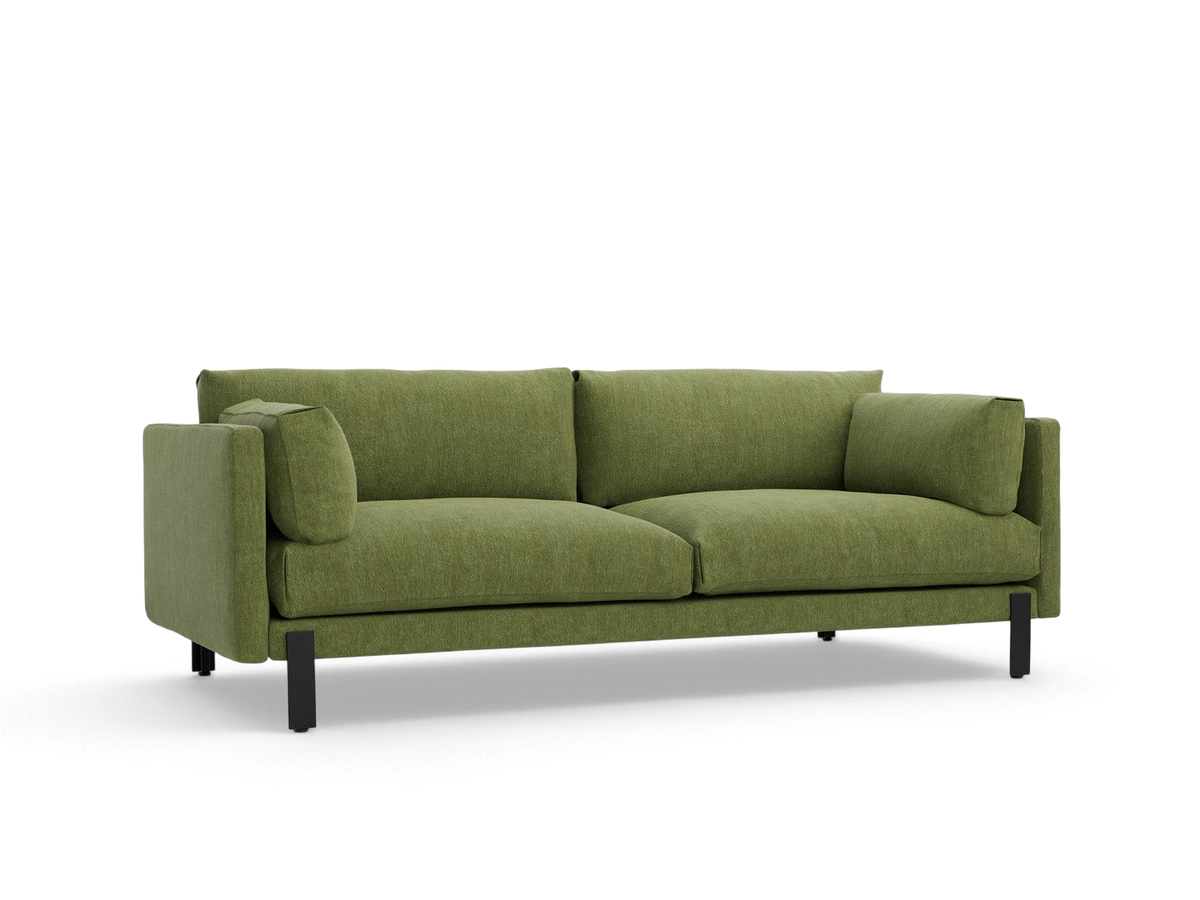 urbane EQ3 Silverlake sofa in olive green fabric with a tuxedo frame and black powder-coated steel legs