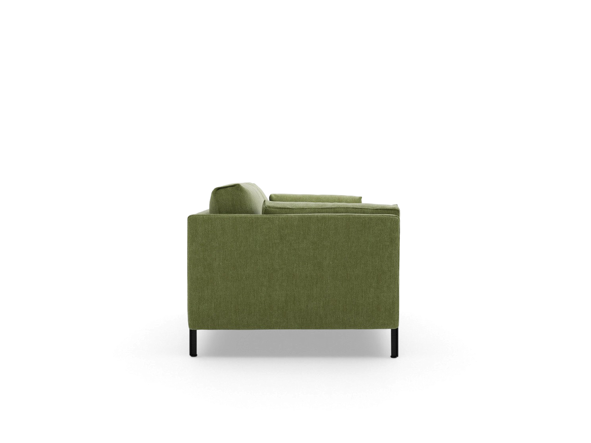urbane EQ3 Silverlake sofa in olive green fabric with a tuxedo frame and black steel legs, side view.