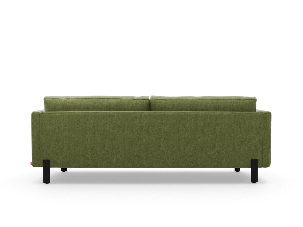 urbane EQ3 Silverlake sofa in olive green fabric with a tuxedo frame and black steel legs, back view.