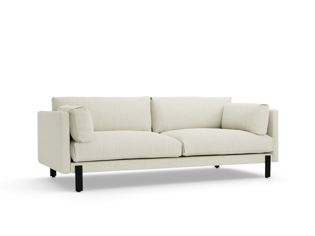 urbane EQ3 Silverlake sofa in light beige fabric with a tuxedo frame and black powder-coated steel legs