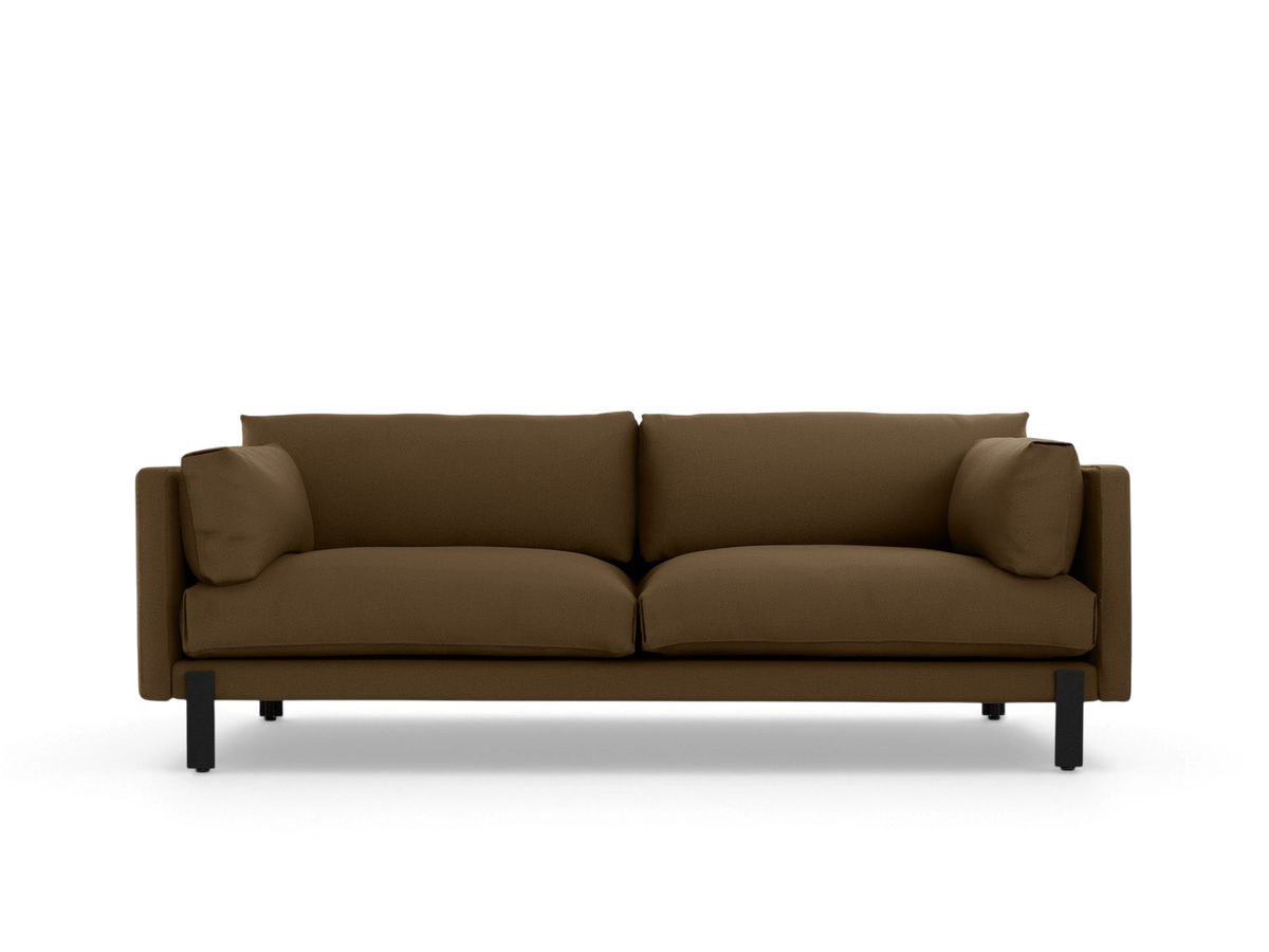 urbane EQ3 Silverlake sofa in brown fabric with a tuxedo frame and black powder-coated steel legs
