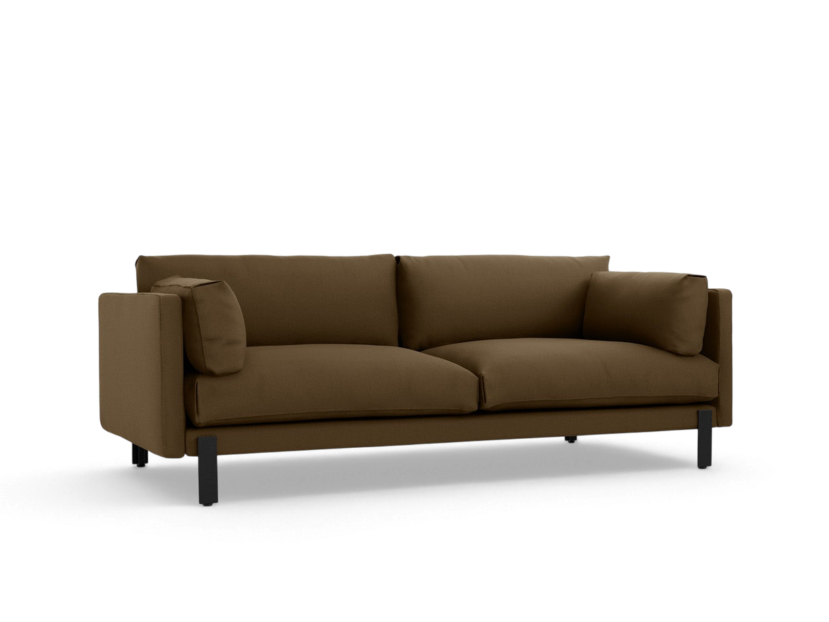 urbane EQ3 Silverlake sofa in brown fabric with a tuxedo frame and black steel legs on a white background.