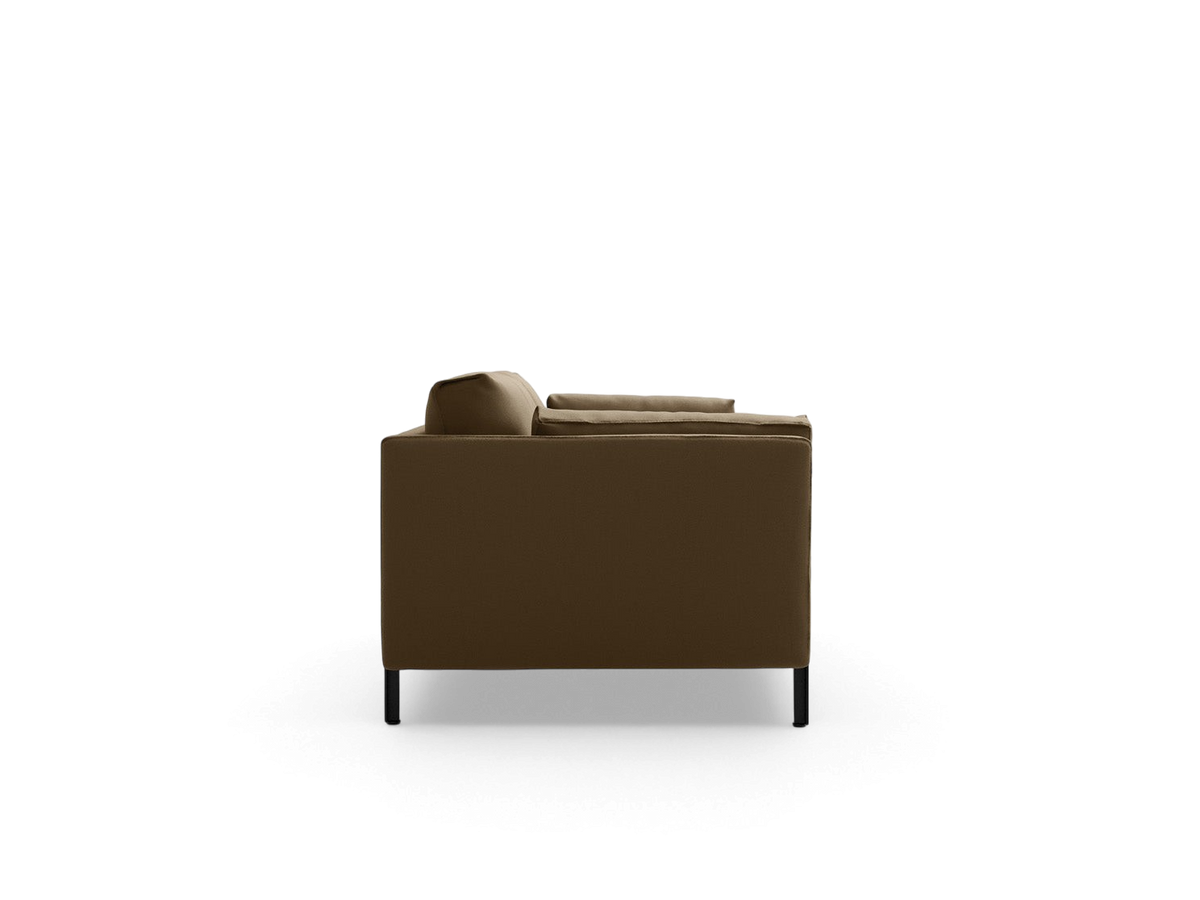 urbane EQ3 Silverlake sofa in a brown fabric with a tuxedo frame and black steel legs, side profile view.