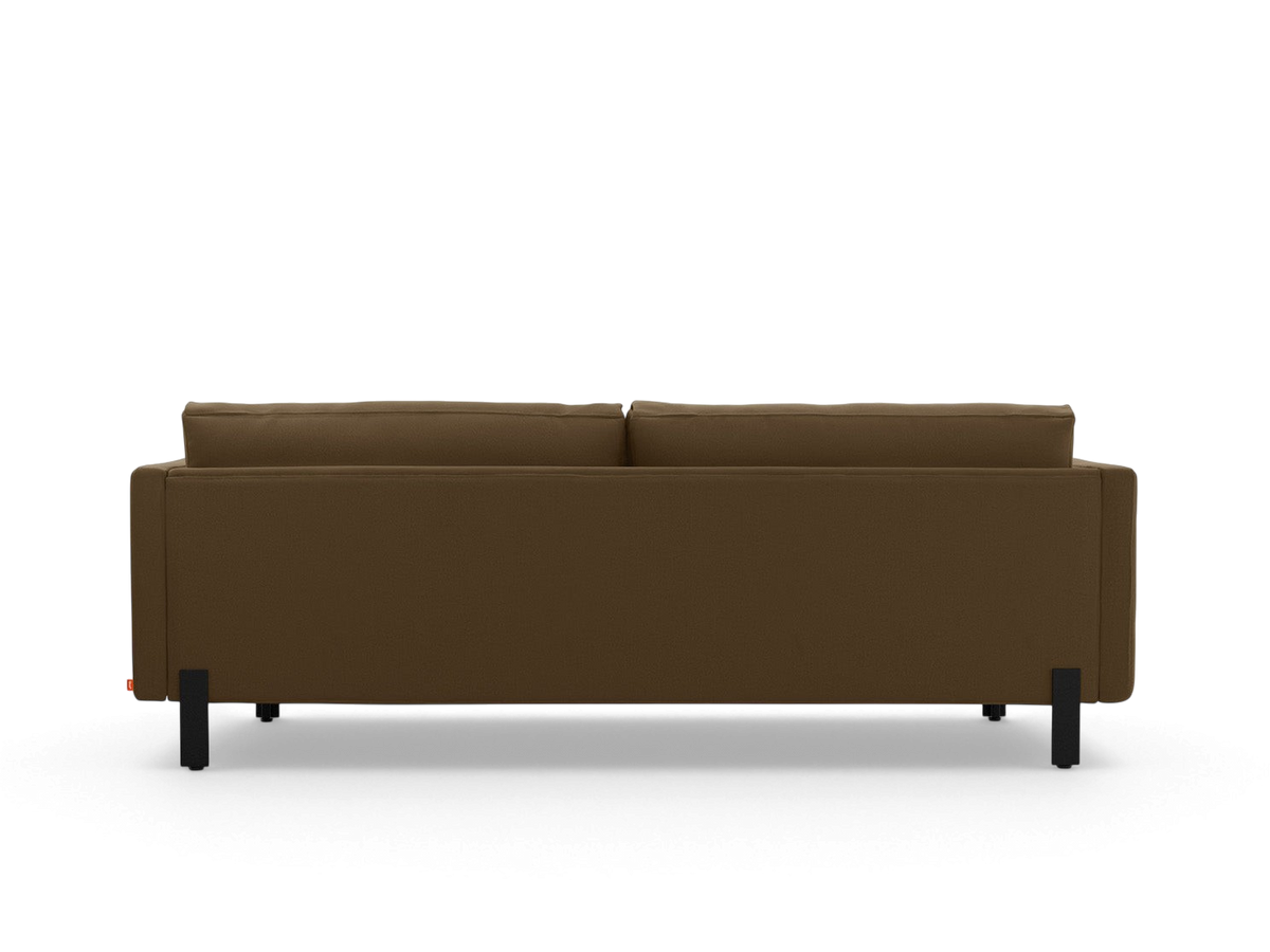 urbane EQ3 Silverlake sofa in brown fabric with a tuxedo frame and black powder-coated steel legs, back view