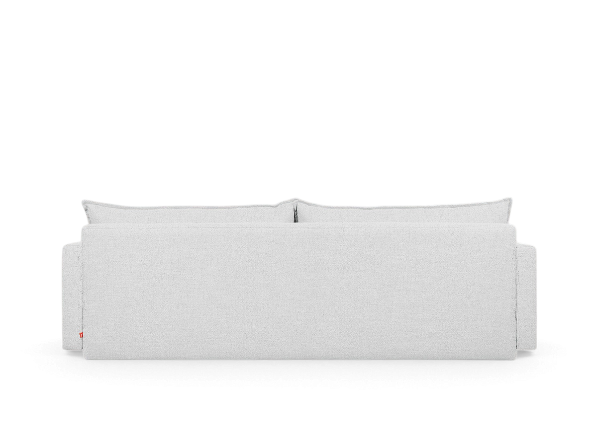 urbane EQ3 Sola Sofa in light grey fabric with French-seam detailing, shown from a direct rear view.