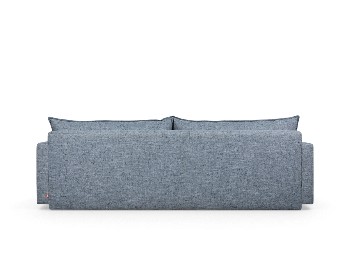 Back view of the urbane EQ3 Sola Sofa in grey fabric with French-seam detailing and a clean, minimalist silhouette.