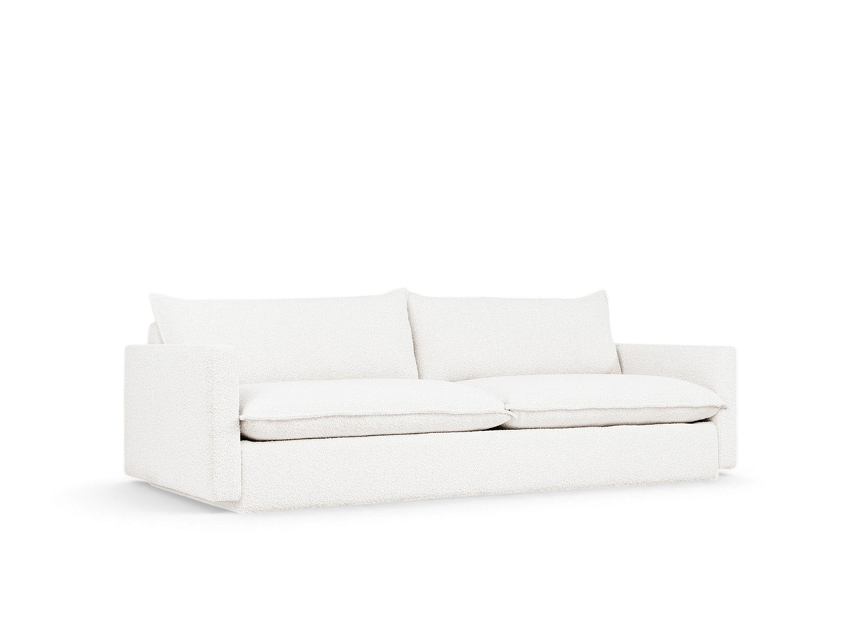 urbane EQ3 Sola Sofa in white fabric with plush cushions, French-seam detailing, and a low-profile modern design.