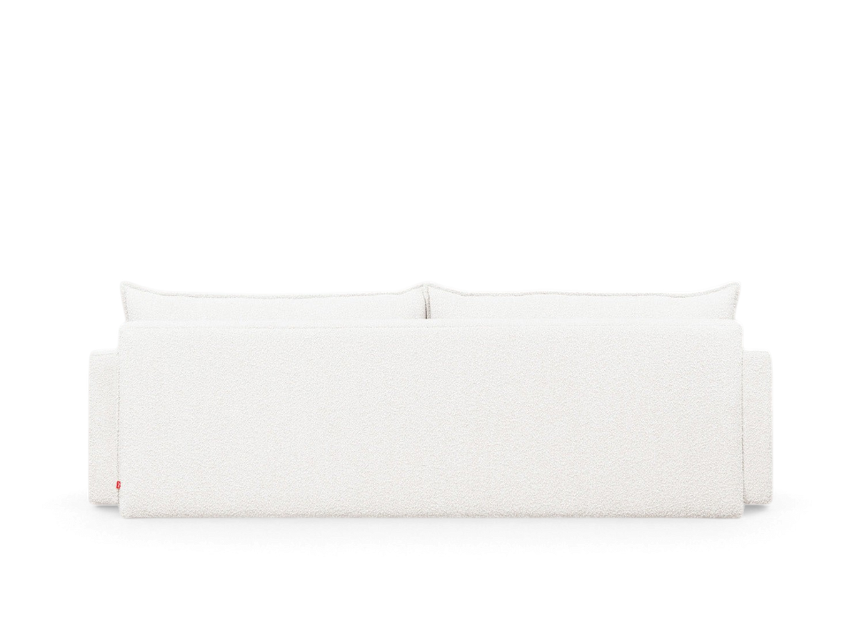 urbane EQ3 Sola Sofa in white textured fabric with French-seam detailing and a clean, minimalist back view