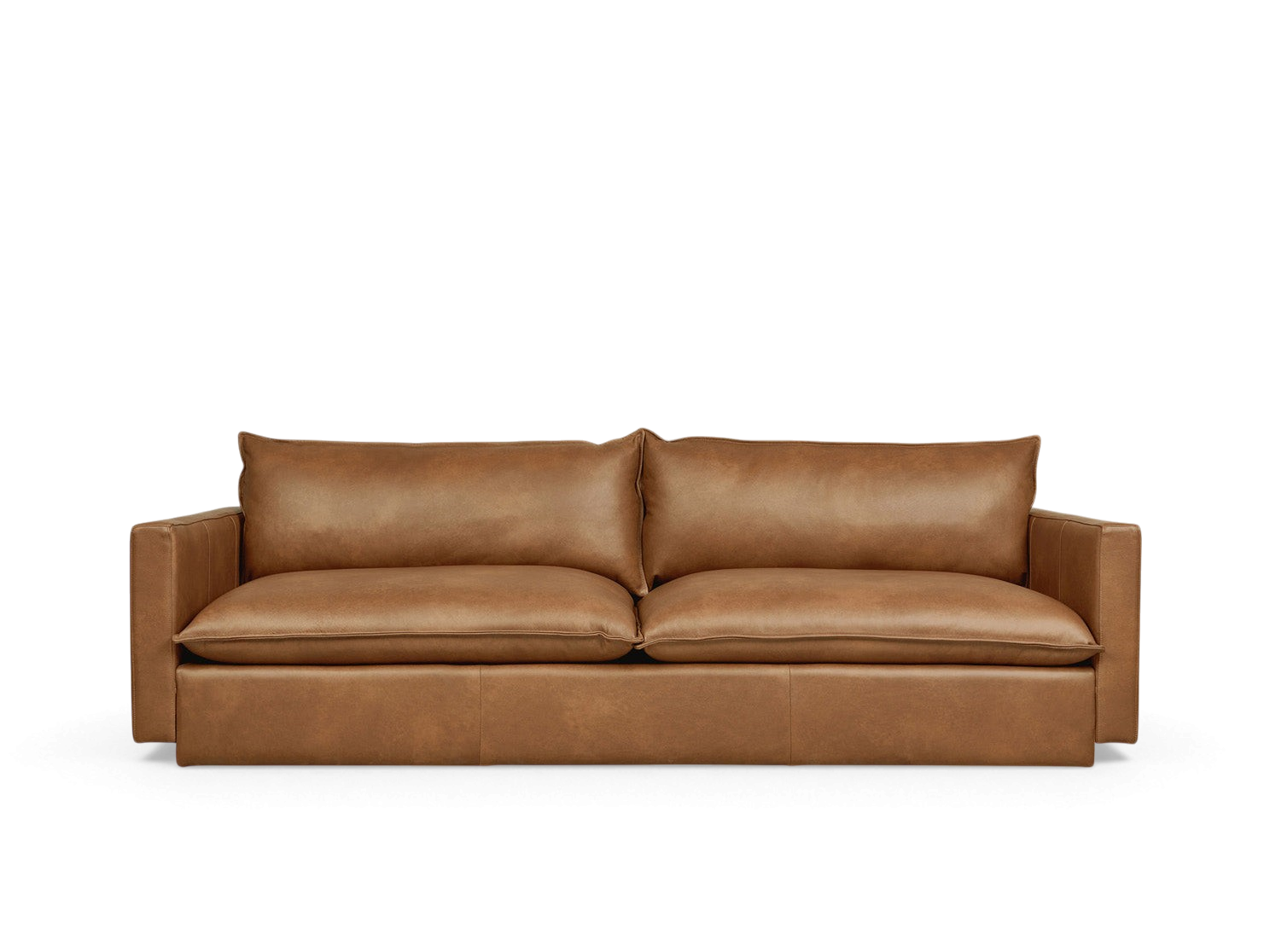 urbane EQ3 Sola Sofa in tan leather with French-seam detailing and a plush, low-profile contemporary design.