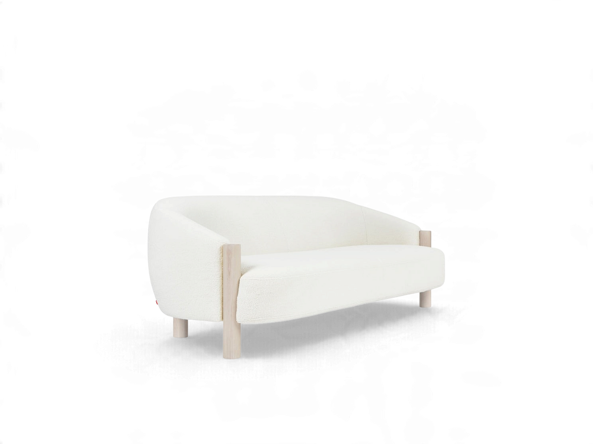 urbane EQ3 Spadina sofa in white textured fabric with a curved backrest and light solid ash wood legs