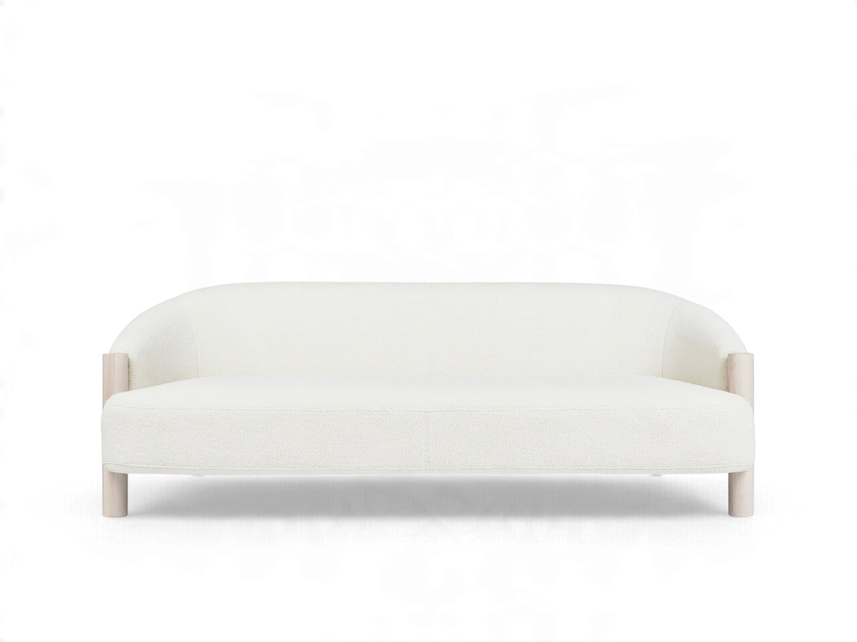 urbane EQ3 Spadina sofa in white textured fabric with a curved backrest and light solid ash wood legs