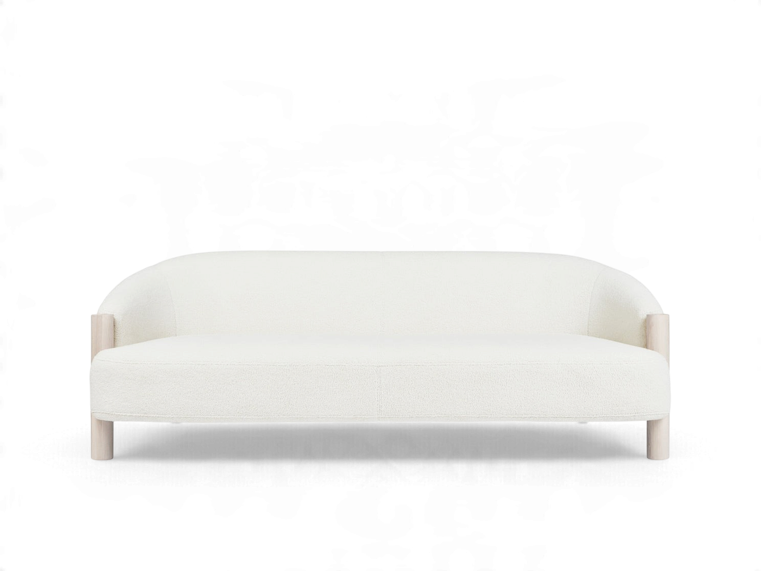 urbane EQ3 Spadina sofa in white textured fabric with a curved backrest and light solid ash wood legs
