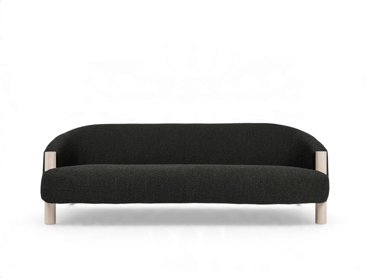 urbane EQ3 Spadina sofa in charcoal textured fabric with a curved backrest and light solid ash wood legs