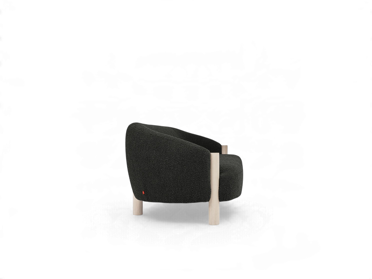 urbane EQ3 Spadina sofa in dark grey textured fabric with sculpted solid ash wood legs, side view