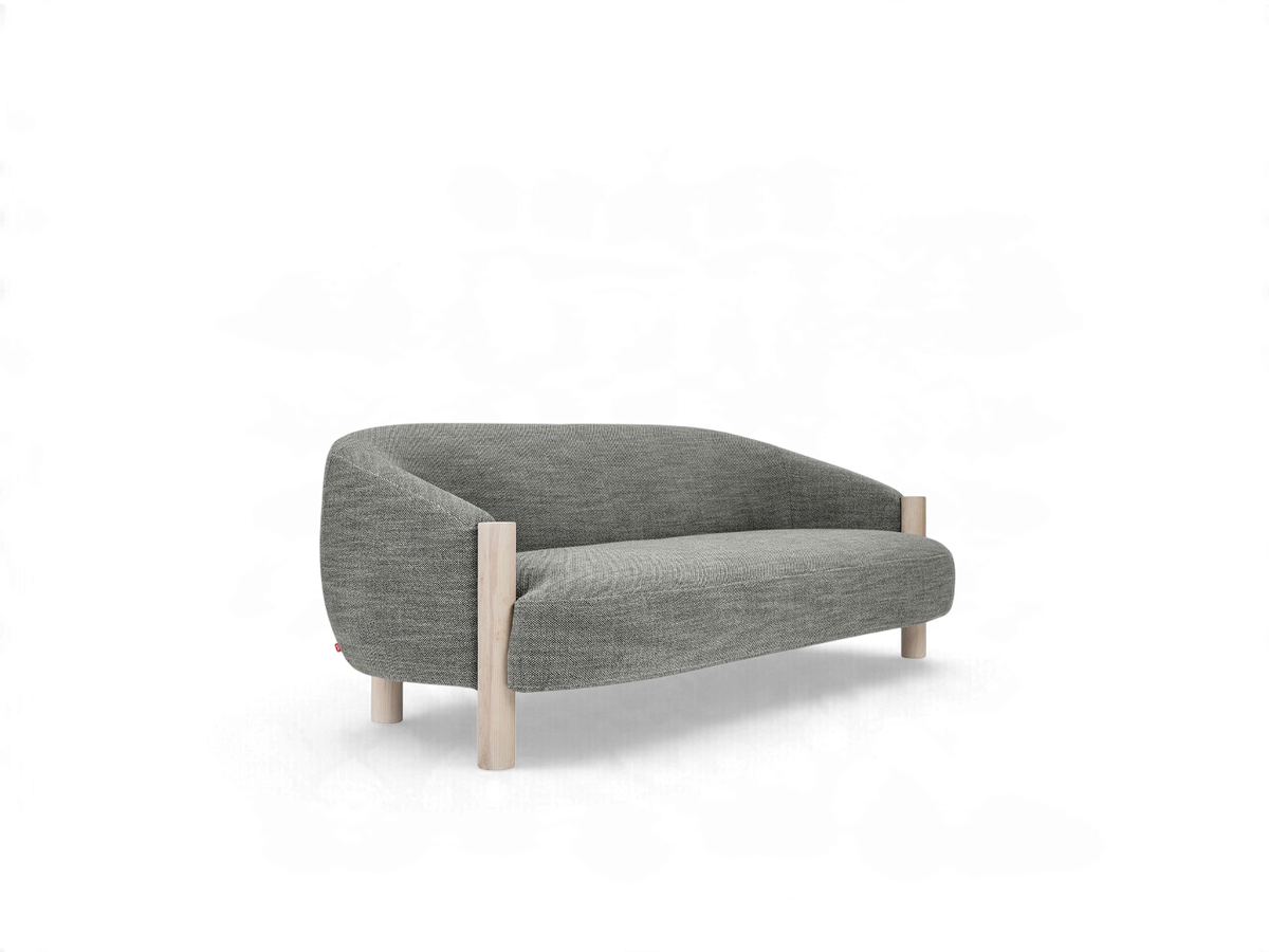urbane EQ3 Spadina sofa in grey textured fabric with a curved backrest and light solid ash wood legs