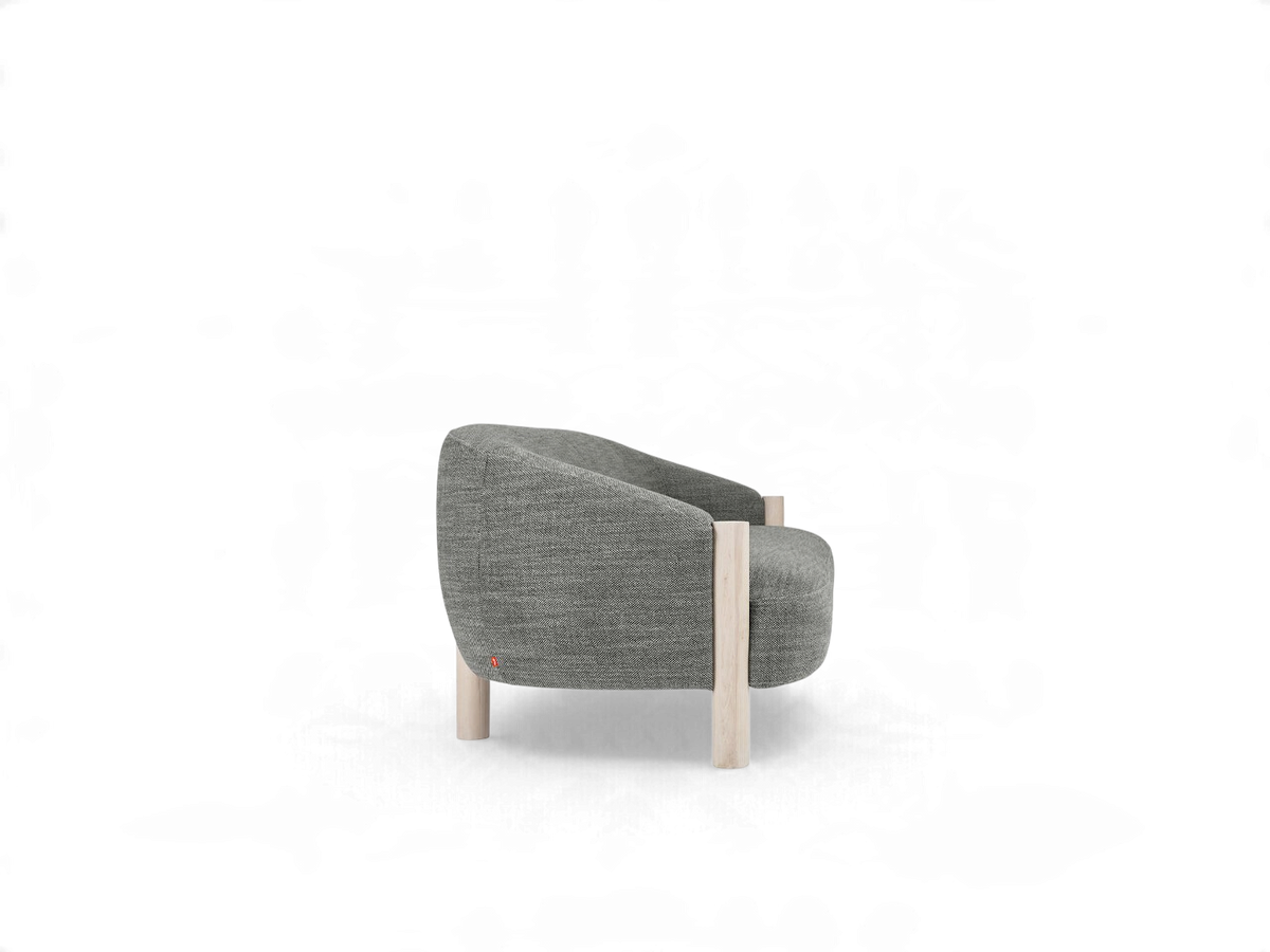 urbane EQ3 Spadina sofa in grey fabric with sculpted solid ash wood legs, side view showing curved backrest design