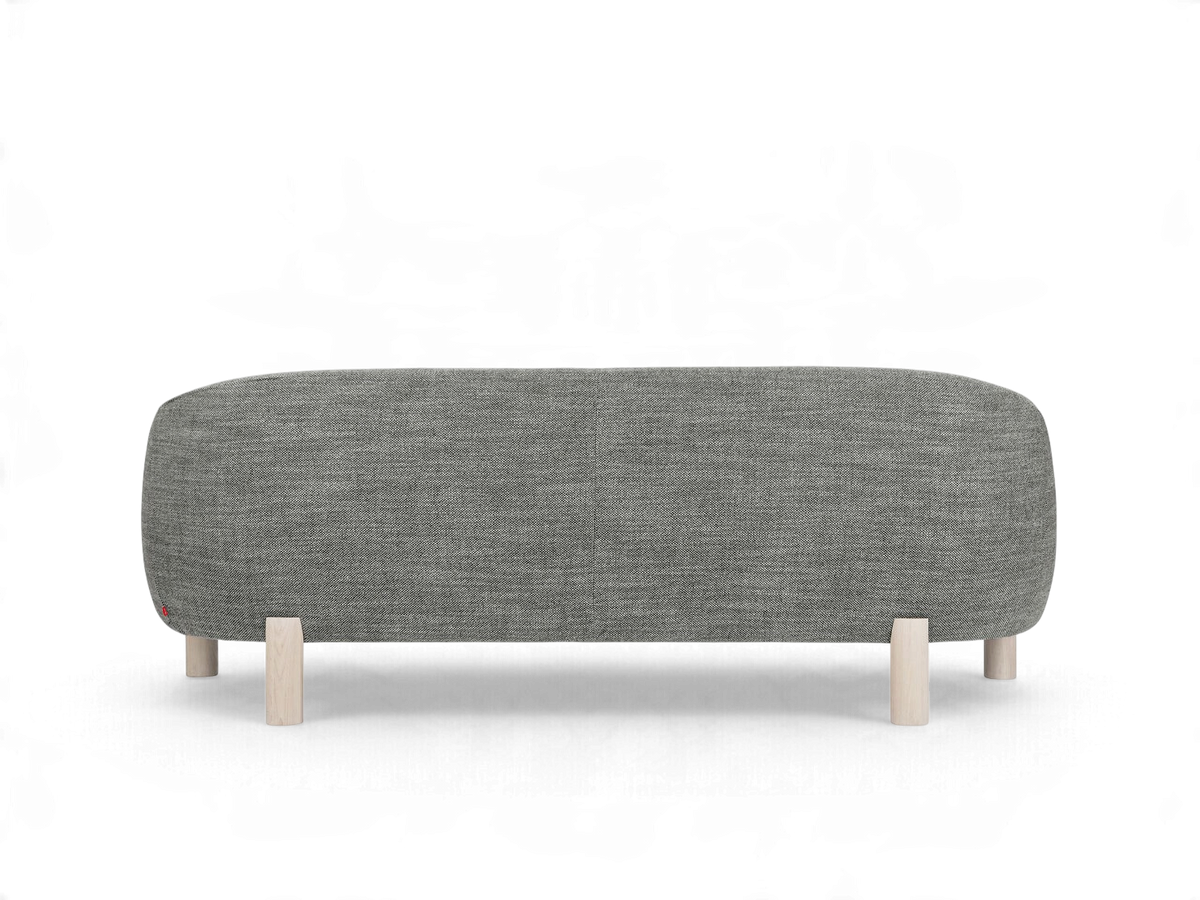 urbane EQ3 Spadina sofa in grey fabric with a curved backrest and light solid ash wood legs, back view