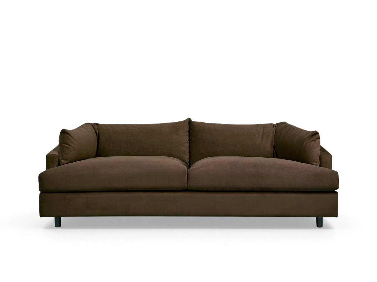 urbane EQ3 Thalia sofa in dark brown fabric with a 1970s-inspired wraparound cushion design and low profile