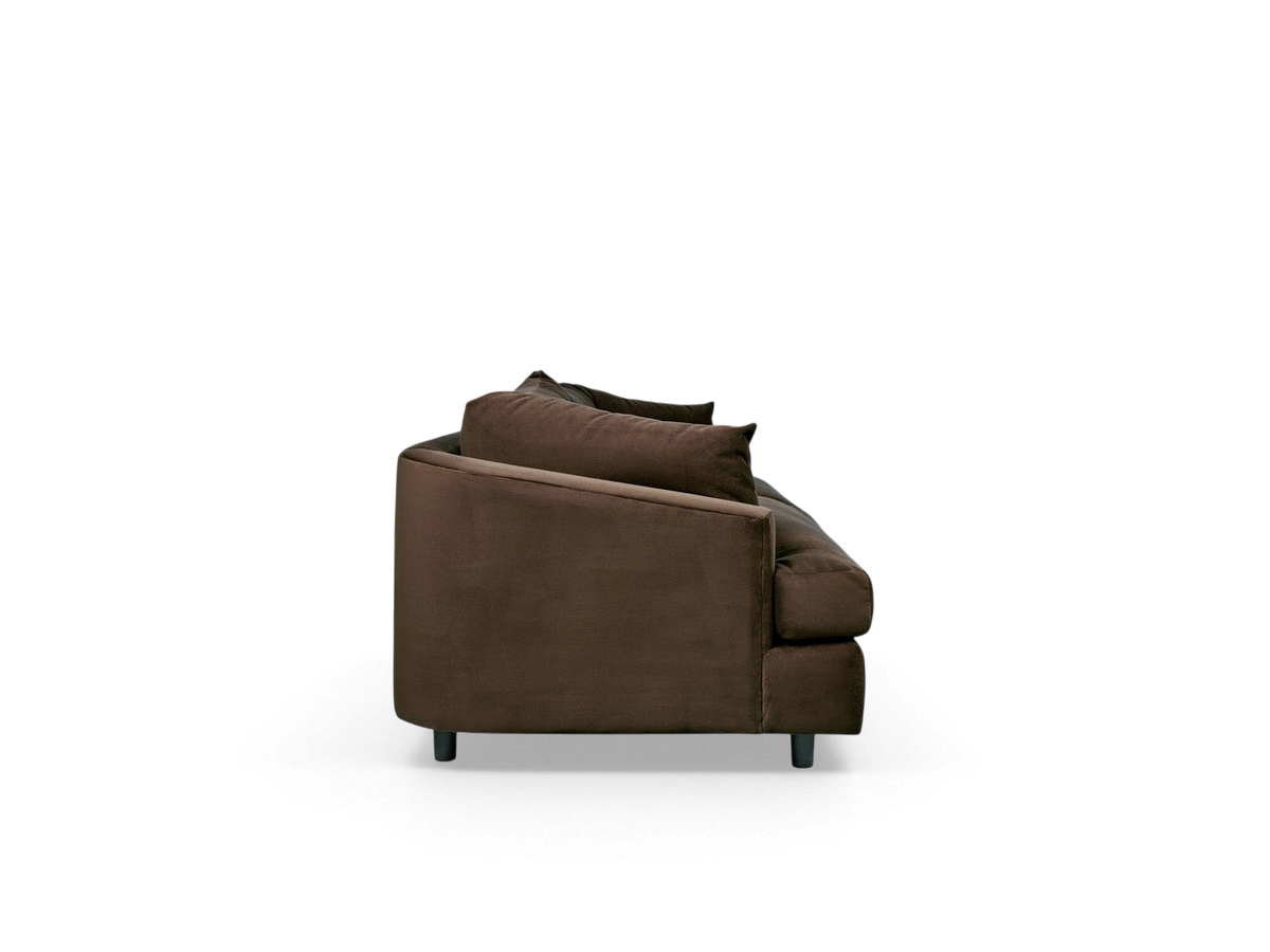 urbane EQ3 Thalia Sofa in dark brown fabric with a 1970s-inspired wraparound design and low-profile silhouette