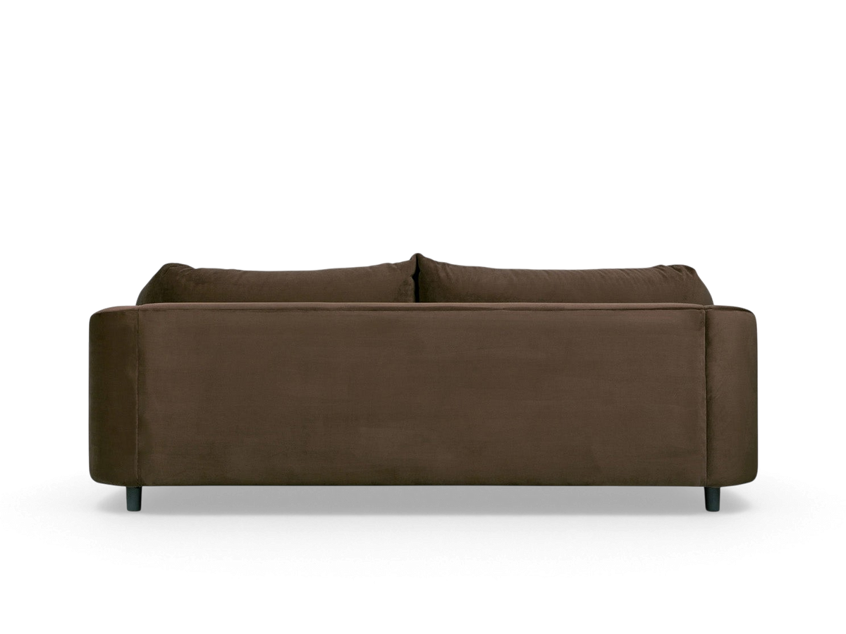 urbane EQ3 Thalia sofa in brown fabric, featuring a sleek 1970s-inspired modern design with wraparound cushions.
