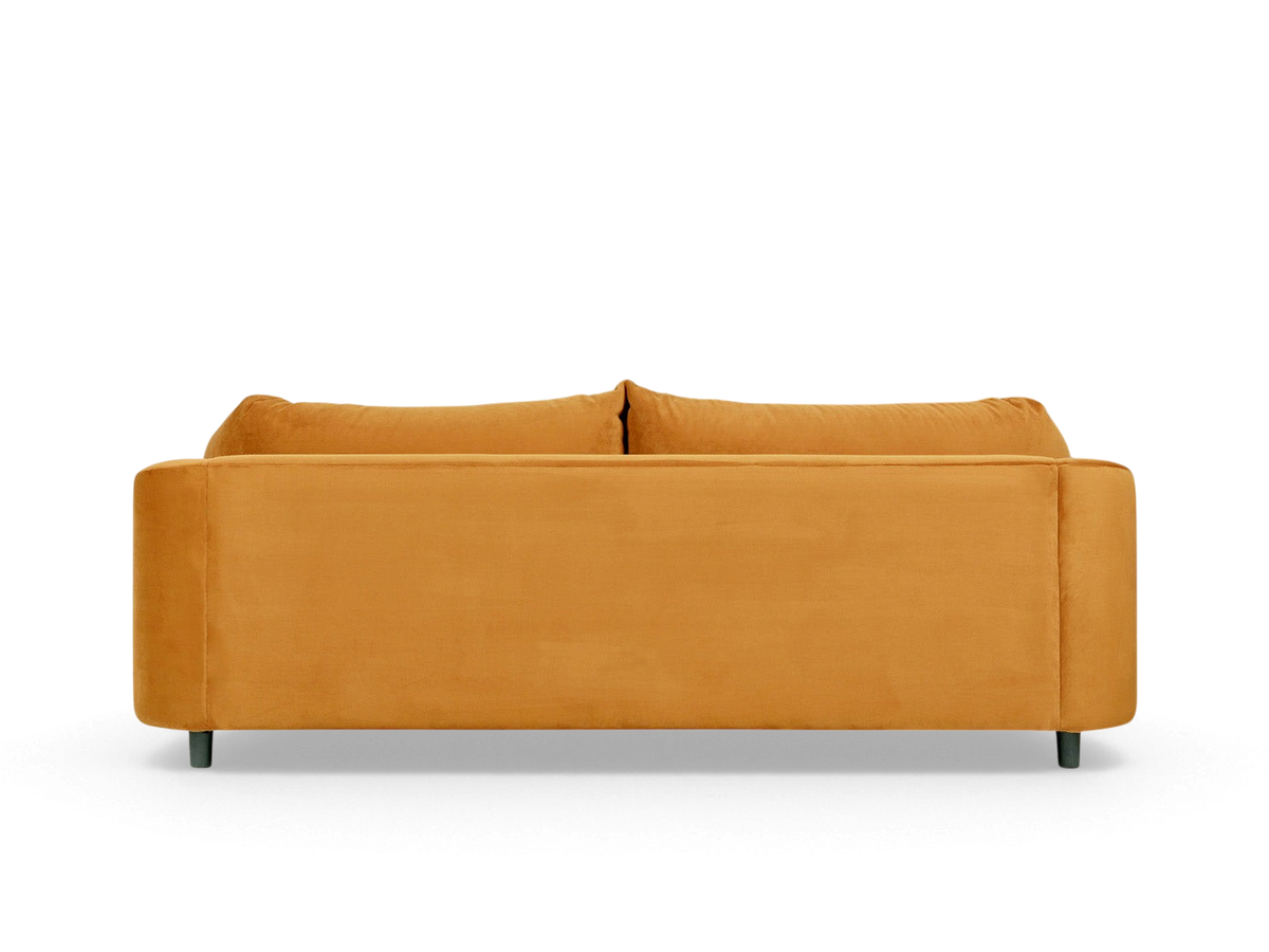 urbane EQ3 Thalia sofa in mustard yellow fabric, viewed from the back showing its sleek, modern wraparound design.
