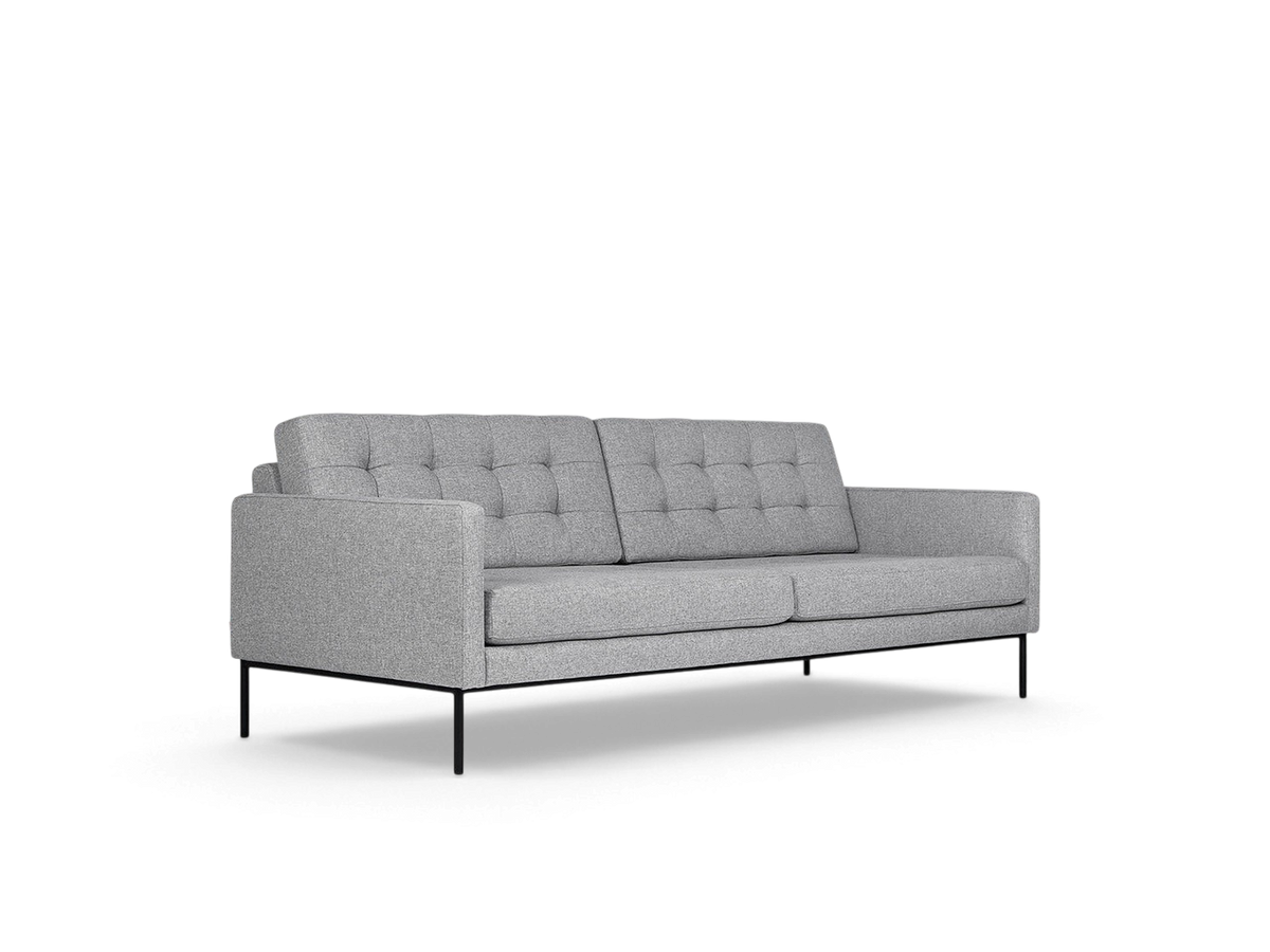 urbane EQ3 Towne Sofa in light grey fabric with blind-tufted cushions and slender black powder-coated steel legs