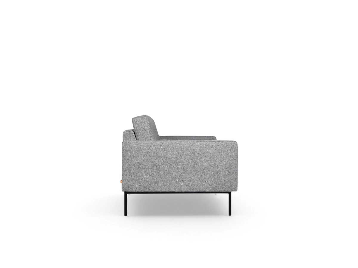 urbane EQ3 Towne Sofa in grey fabric with a mid-century modern design and black powder-coated steel legs, side view