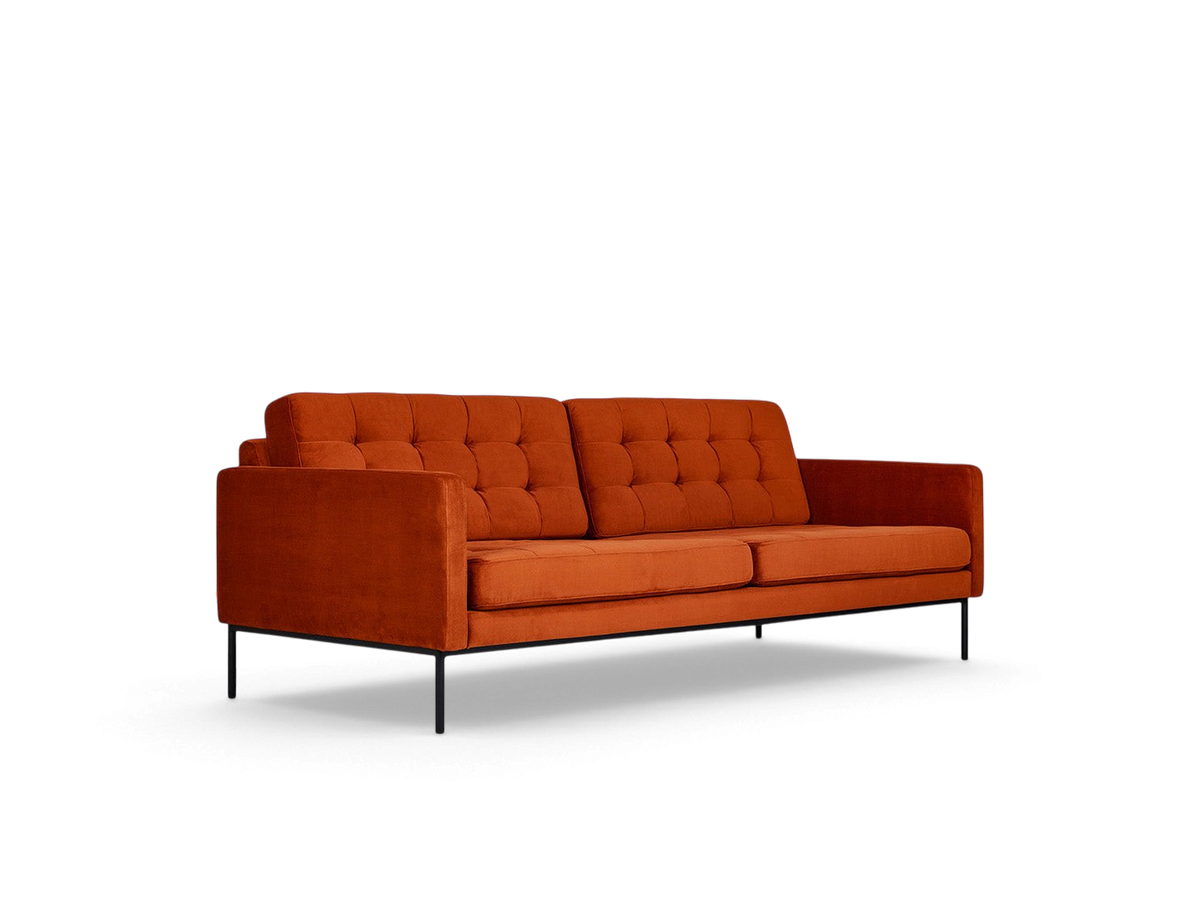 urbane EQ3 Towne Sofa in rust orange velvet with blind-tufted cushions and slender black powder-coated steel legs