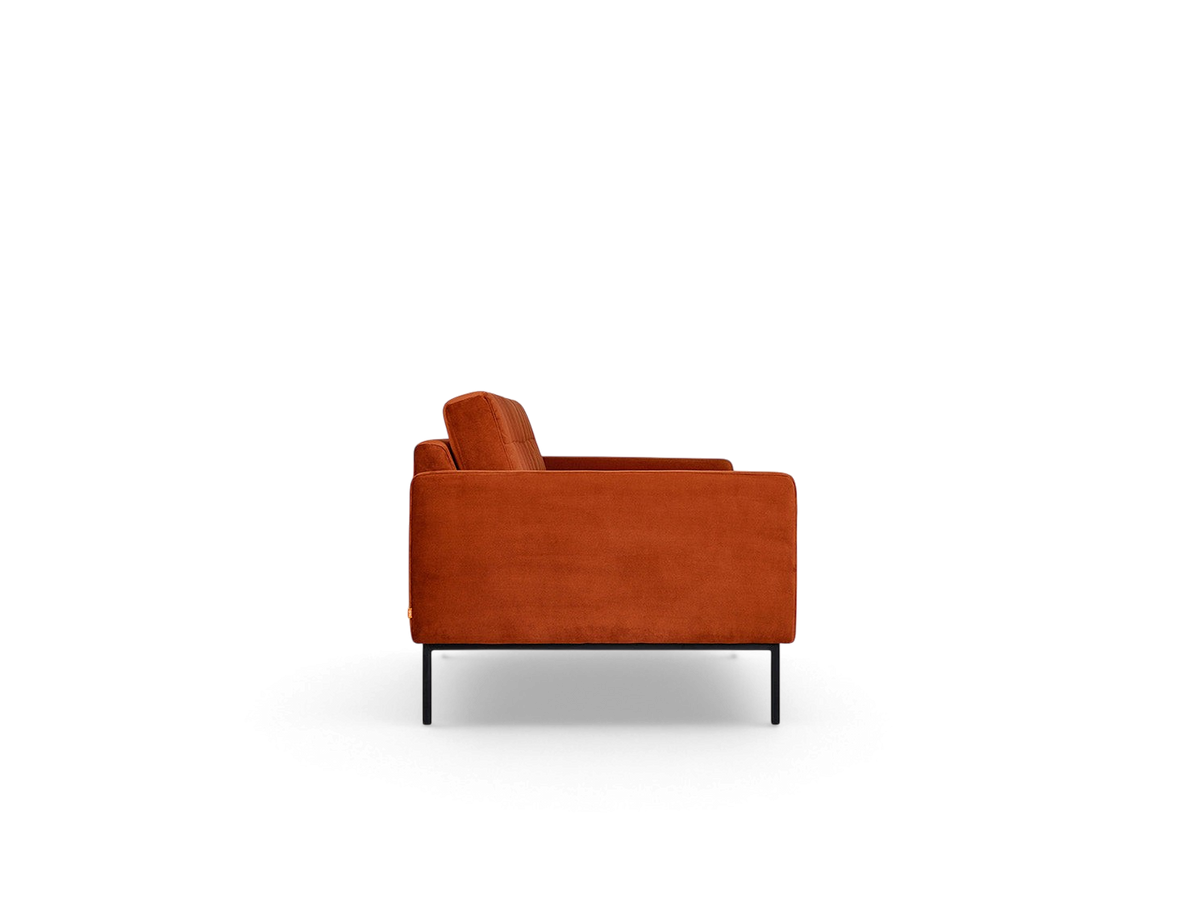 urbane EQ3 Towne Sofa in rust orange fabric with a mid-century modern profile and black powder-coated steel legs