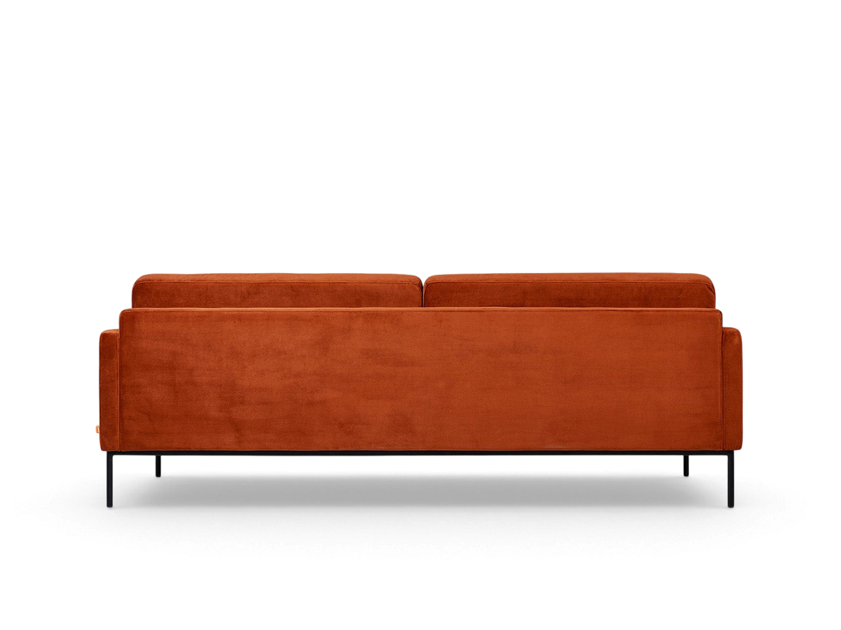 urbane EQ3 Towne Sofa in burnt orange velvet with a sleek mid-century design and black powder-coated steel legs