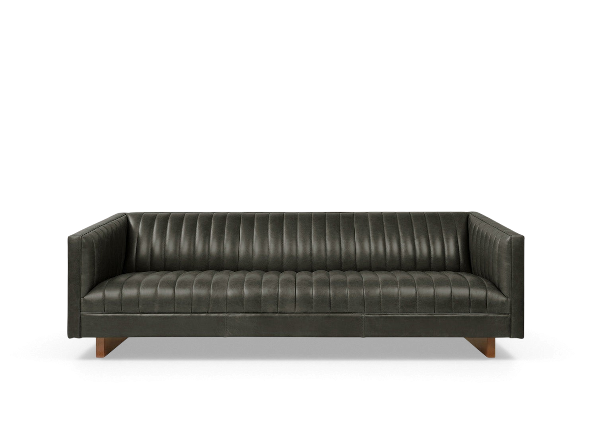 urbane EQ3 Wallace sofa in dark grey top grain leather with channel-stitched upholstery and walnut stained wood base