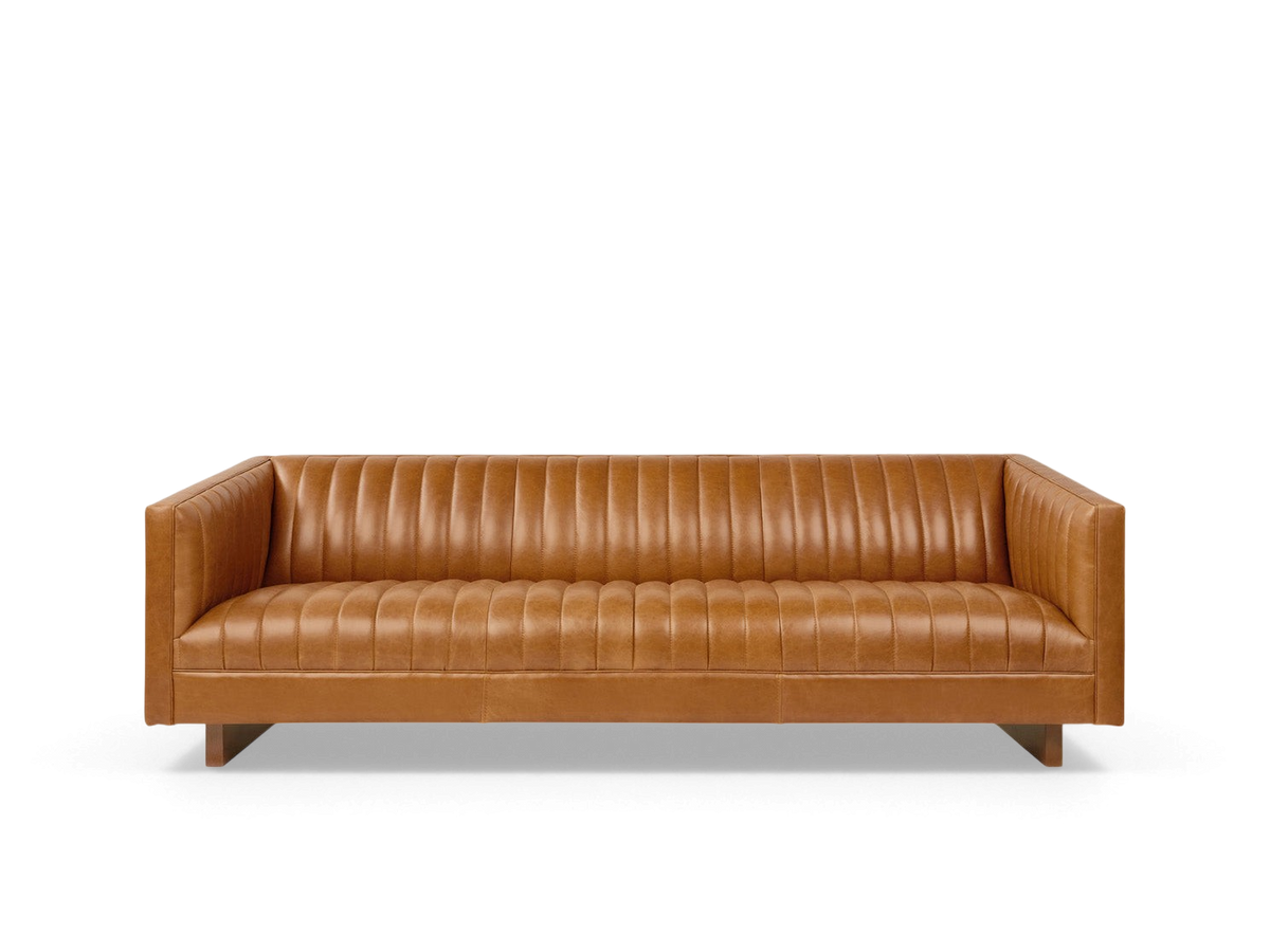 urbane EQ3 Wallace sofa in tan top grain leather with channel-stitched upholstery and a walnut stained wood base