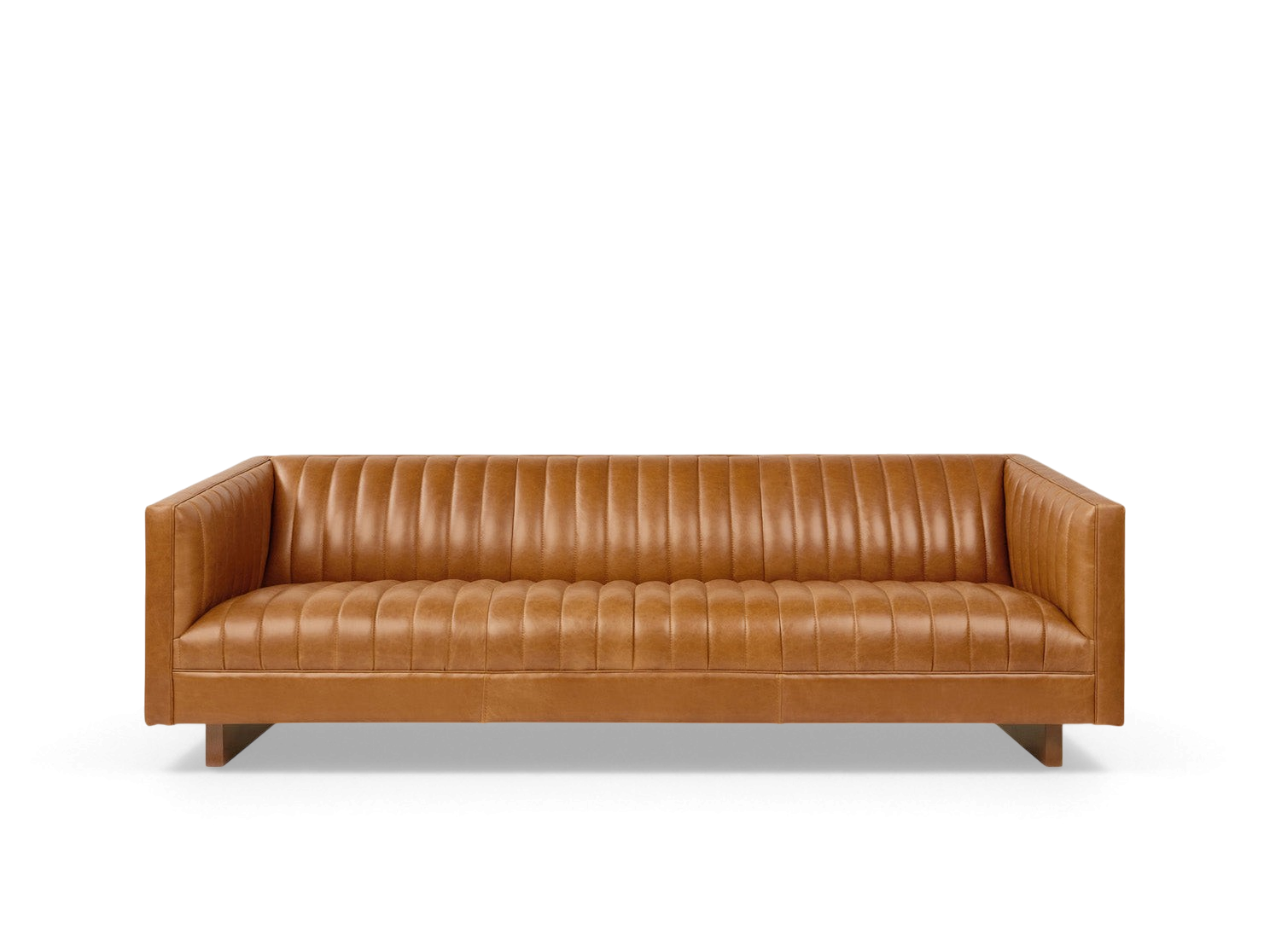 urbane EQ3 Wallace sofa in tan top grain leather with channel-stitched upholstery and a walnut stained wood base