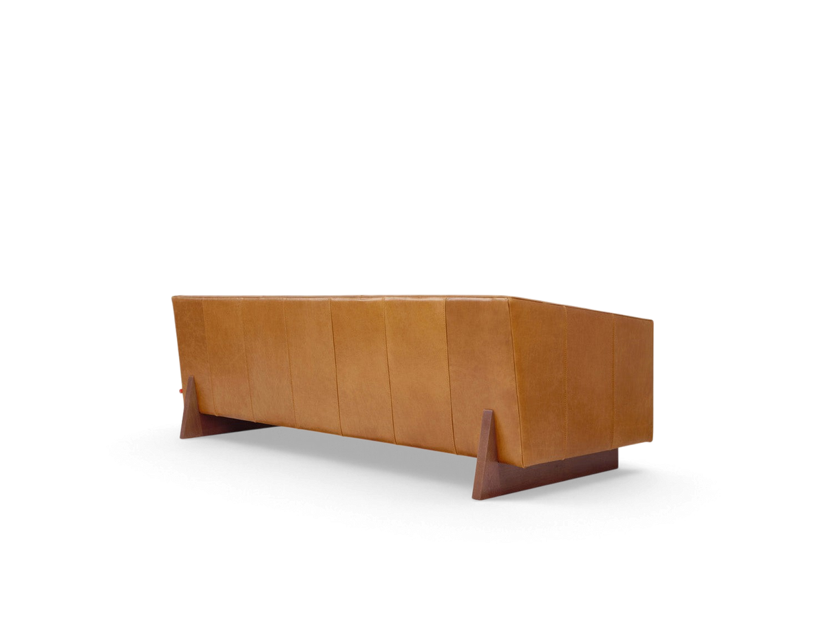 urbane EQ3 Wallace Sofa in tan top grain leather with channel-stitched back and walnut-stained wooden sled base