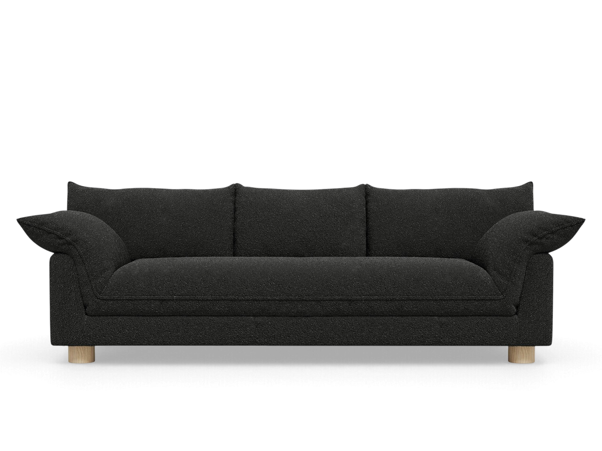 urbane EQ3 Zoe sofa in dark charcoal textured fabric with French seams and light oak legs on a white background