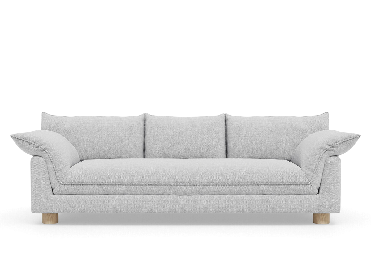 urbane EQ3 Zoe sofa in light grey fabric with French seam detailing and round oak legs in a modern style