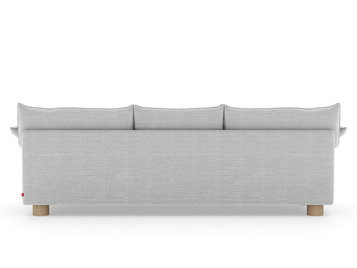 urbane EQ3 Zoe sofa in light grey fabric with French seam details and light oak circular legs, back view