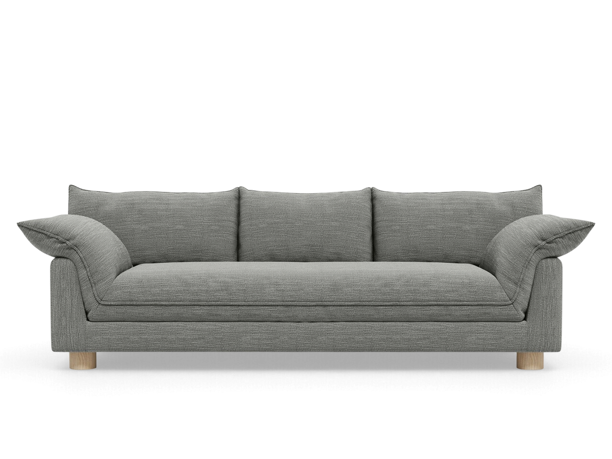 urbane EQ3 Zoe sofa in grey fabric with French seam detailing and light oak legs, front view