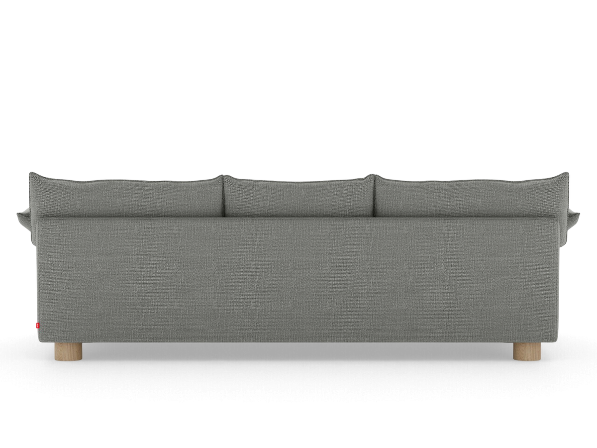 Back view of the grey urbane EQ3 Zoe Sofa featuring French-seam detailing and light oak circular wood legs.