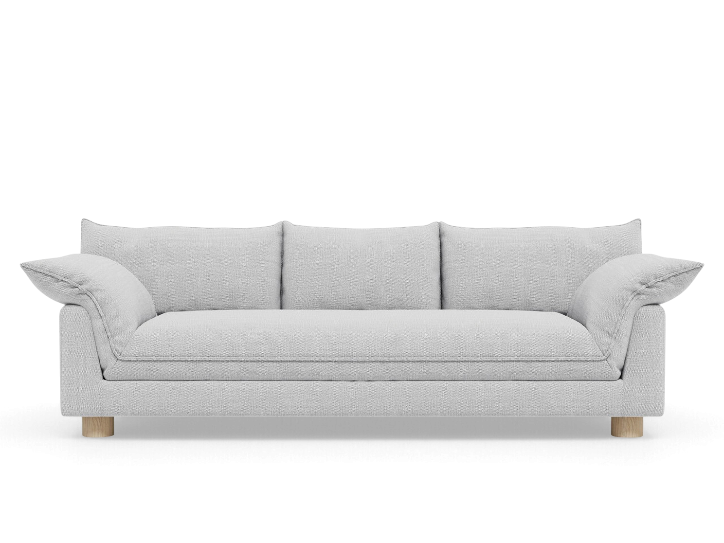 urbane EQ3 Zoe Sofa in light grey fabric with French seam detailing and round oak legs on a white background