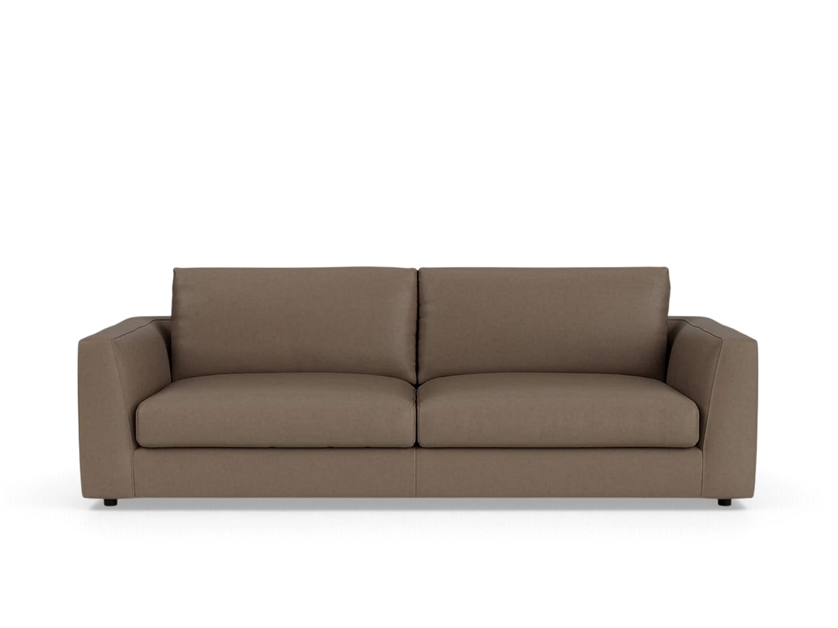 urbane EQ3 Cello 88-inch sofa in a neutral brown fabric with a clean-lined, modern design and two seat cushions.
