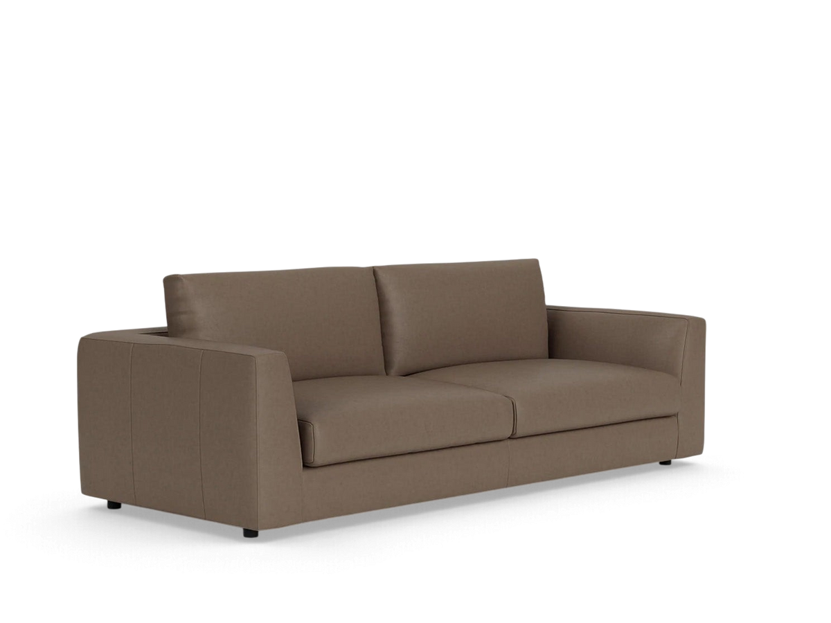 urbane EQ3 Cello 88-inch sofa in a neutral brown fabric with curved arms and plush memory foam cushions
