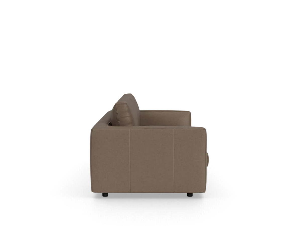 Side view of the urbane EQ3 Cello 88 inch sofa in a neutral taupe fabric with clean lines and low profile design.
