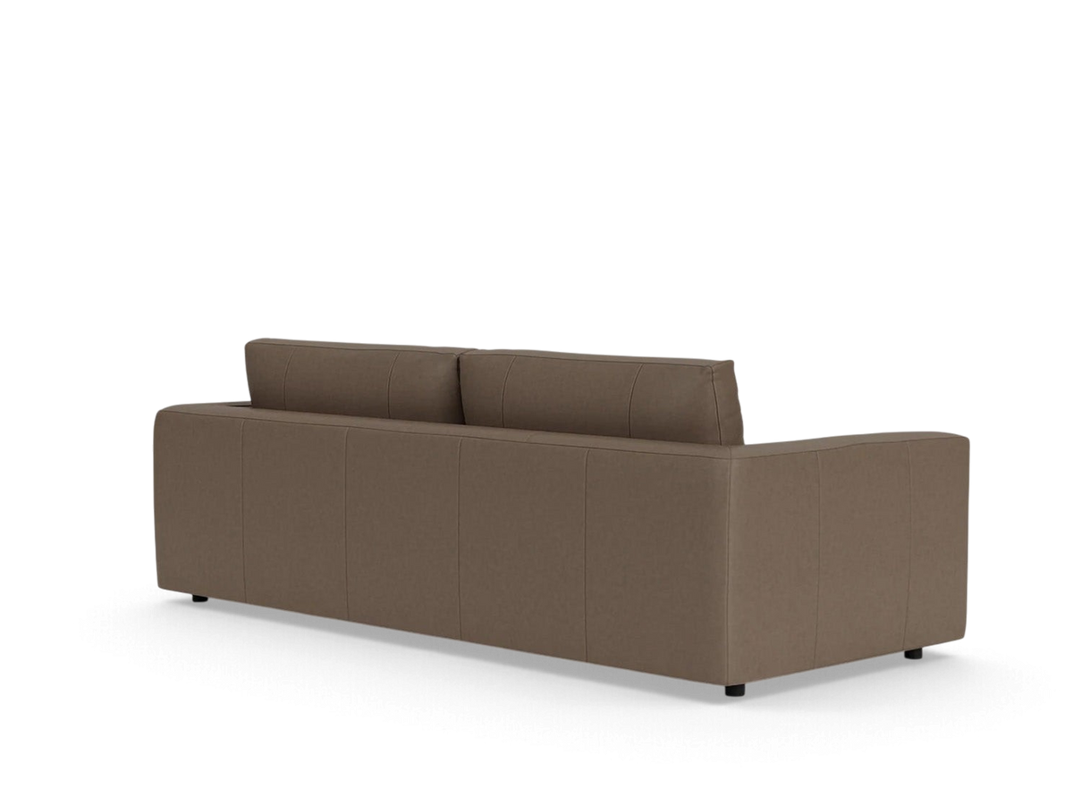 urbane EQ3 Cello 88-inch sofa in a neutral brown fabric with a sleek, low-profile back and minimalist design.