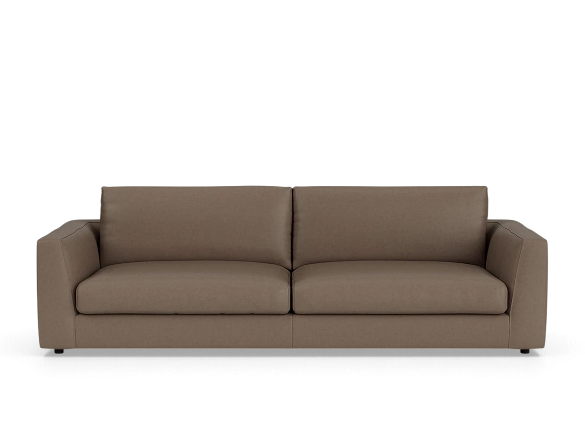 urbane EQ3 Cello 96-inch sofa in a neutral brown fabric with elegant curved lines and comfortable deep seating.